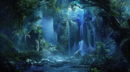 Mystical Waterfall Scene in Lush Forest with Glowing Light and Flowing Water