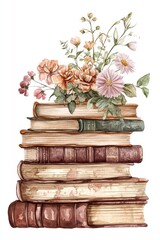 A watercolor painting featuring a stack of vintage books and flowers