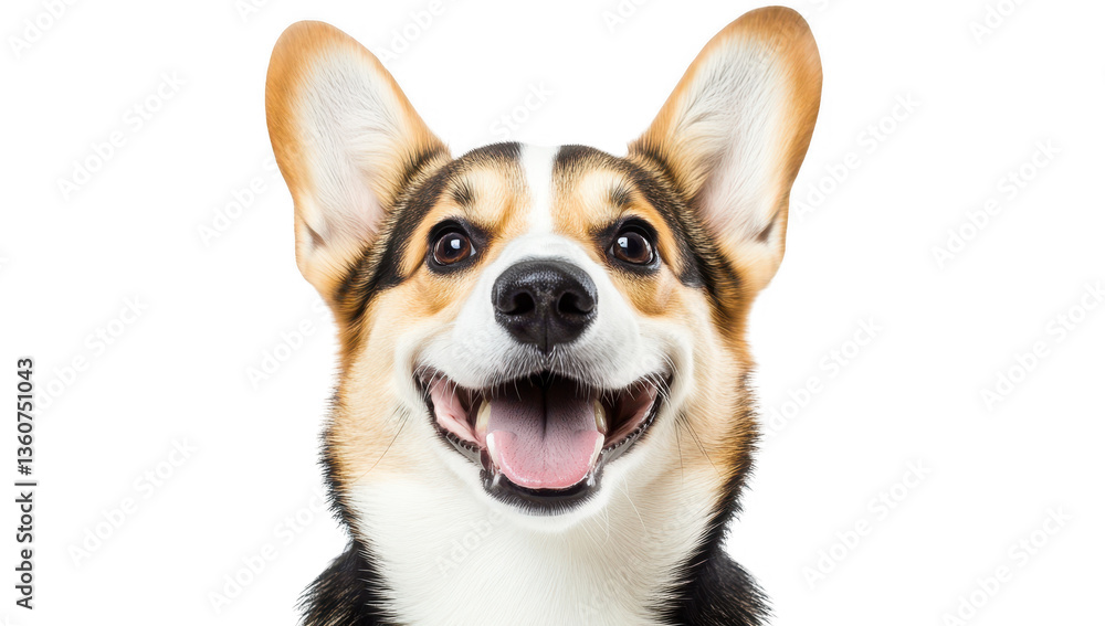 Poster a cheerful corgi with a big smile showcasing its playful and friendly nature. essence of joy and com
