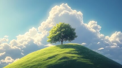 A solitary tree atop a green hill, bathed in sunlight, with a backdrop of fluffy clouds and a vast blue sky, evoking a sense of peace and tranquility.