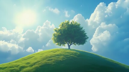 A serene landscape features a vibrant green tree atop a grassy hill, under a bright sun and fluffy clouds, evoking peace and tranquility.