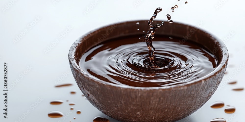 Poster cocoa delight: a close-up captures the dynamic splash and ripple of rich, dark chocolate within a ru