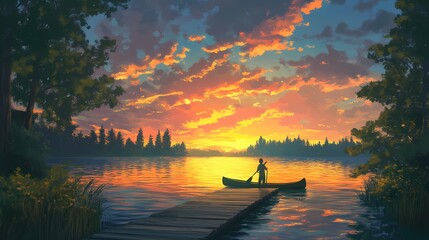 A picturesque lakeside scene with a lone canoeist paddling towards the sunset, framed by lush trees, offering a tranquil view with a vibrant sky.