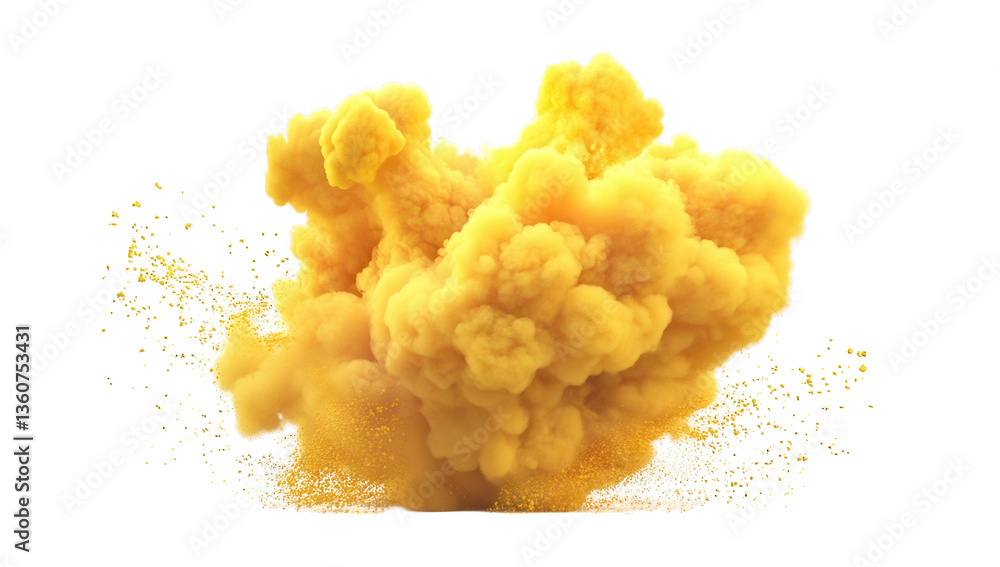 Poster a vibrant yellow cloud of powder or smoke billows against a white background creating an energetic a