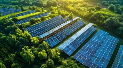 Solar Panel Farm in Lush Green Landscape