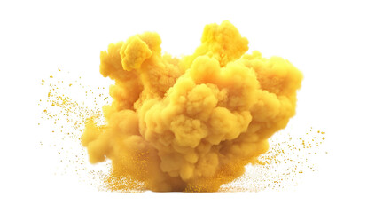 a vibrant yellow cloud of powder or smoke billows against a white background creating an energetic and dynamic visual effect suitable for creative projects or as a background element