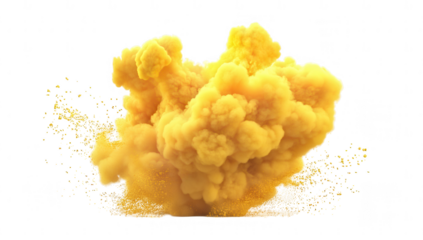 a vibrant yellow cloud of powder or smoke billows against a white background creating an energetic and dynamic visual effect suitable for creative projects or as a background element