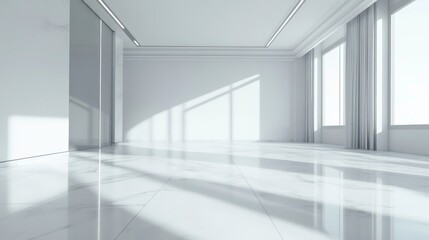 Fototapeta premium Empty white room with bright sunlight. Modern interior design. Clean white walls, ceramic tile floor. Perspective view. Empty space. Large window. Ceiling strip light. Concept image for home design