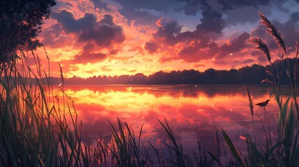 A stunning sunset illuminates the lake, its colors mirrored in the still water. Reeds and a bird silhouette frame the tranquil scene, evoking peace.