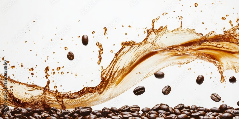 Poster coffee splash with beans: a captivating display of dynamic movement as coffee liquid splashes. captu