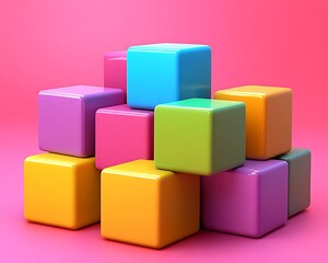 Obraz premium A colorful stack of glossy cube shapes on a pink background
