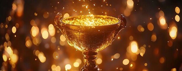 Golden trophy with glowing sparks, bokeh lights, and podium on a dark background; symbolizing victory, achievement, and success in competitions or gaming events. Close-up shot.