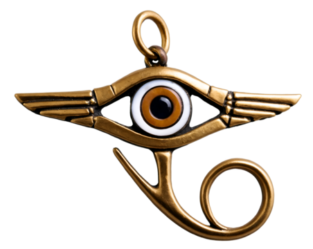 Intricate Eye of Horus Amulet Showcasing Detailed Gold Workmanship, A Symbolic Ancient Artifact Evoking Power, Protection, and Mystique Against a Minimalistic Setting