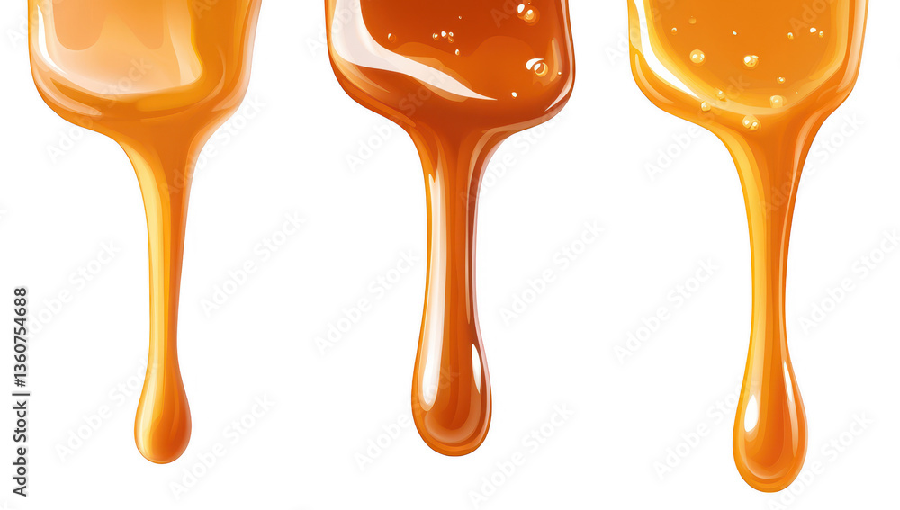 Poster three spoons with honey or syrup dripping from them showcasing varying shades of golden brown visual