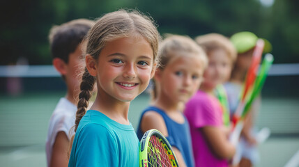 Children enthusiastically wait in line for their tennis lesson, holding rackets and ready to learn new skills against a backdrop of a vibrant green court.