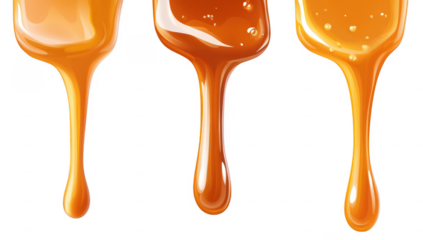 three spoons with honey or syrup dripping from them showcasing varying shades of golden brown visually appealing representation highlights the texture and richness of the substances