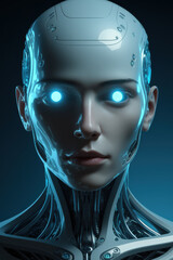 Realistic female cyborg with glowing neon blue eyes in a dark futuristic setting showing mechanical facial features and detailed skin texture