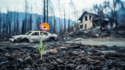 Plant sprout growing out of burnt soil in a devastated village after wild fire.