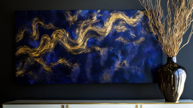 Golden light tendrils flowing against a dark abstract background with deep indigo and midnight black tones, creating a dreamlike and futuristic aesthetic - Powered by Adobe