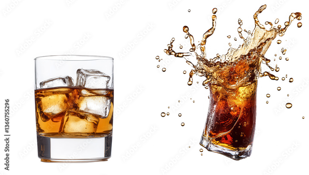 Poster a glass of whiskey with ice cubes on the left and a splash of a dark beverage on the right showcasin