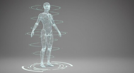 Futuristic virtual body scan on gray stage for medical diagnosis, technology research, innovative analysis, data science, engineering presentation