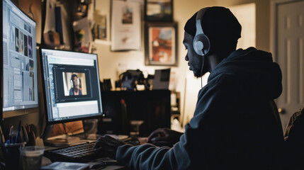 A young man works on graphic design at his home workstation, wearing headphones and focused on the computer screen in a comfortable and inviting environment.