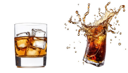 a glass of whiskey with ice cubes on the left and a splash of a dark beverage on the right showcasing the dynamic motion of liquid and the appeal of refreshing drinks