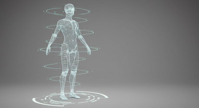 Futuristic virtual body scan on gray stage for medical diagnosis, technology research, innovative analysis, data science, engineering presentation
