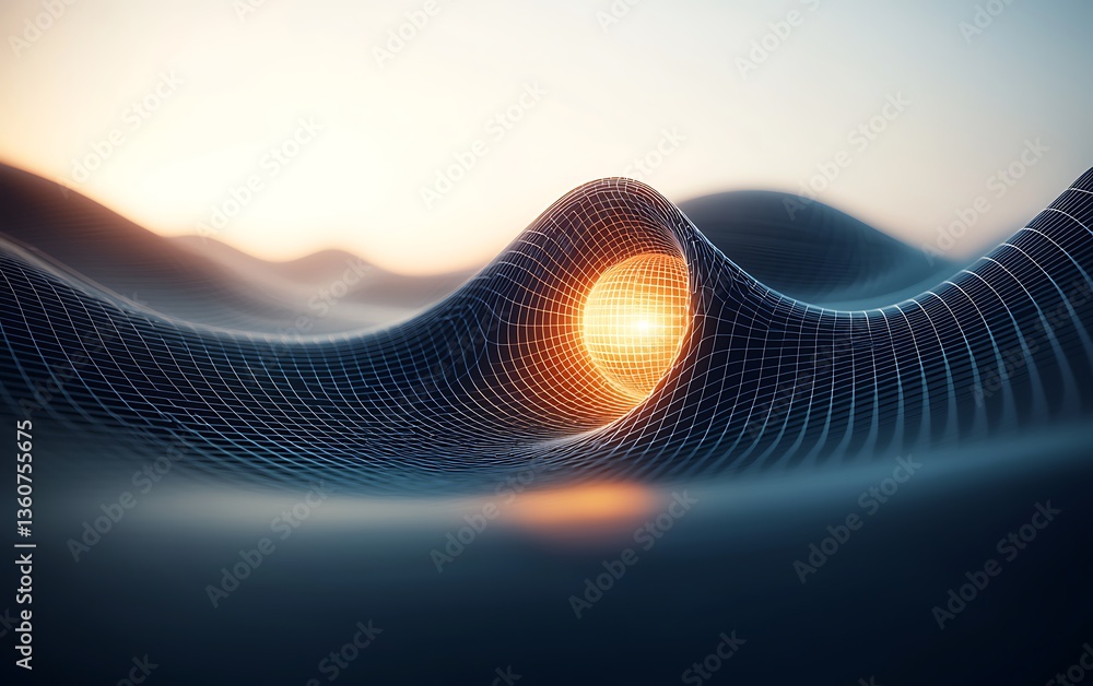 Poster glowing sphere in wireframe wave mesh