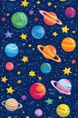 Colorful hand painted planets and stars fill the dark background space