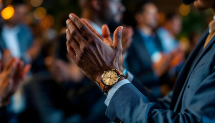 well-dressed man, clapping hands, applauding, night time, blurred background