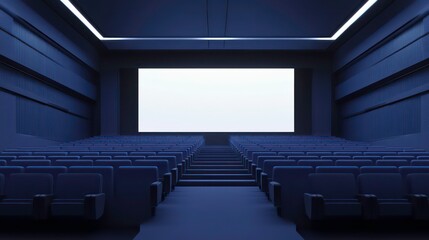 Naklejka premium Empty cinema hall. Blue interior with rows of dark blue seats facing blank white screen. Movie theatre entertainment concept. Empty seats suggest quiet time before show. Interior view of modern