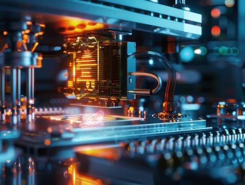 Futuristic quantum computer close-up sleek design atmospheric lighting portfolio optimization watermark.
