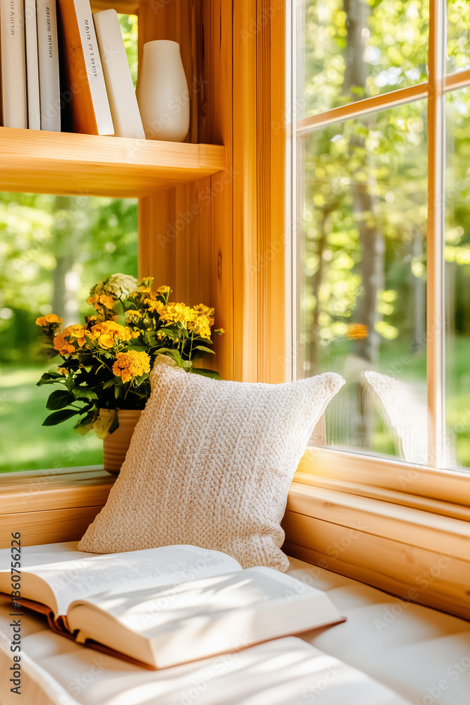 Poster open book resting in cozy reading nook with decorative cushion. sunlight shines through large window