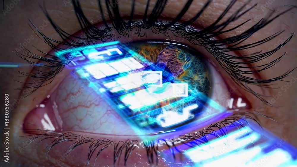 Poster close-up of a human eye with digital video elements overlay, creating a futuristic, tech-inspired st