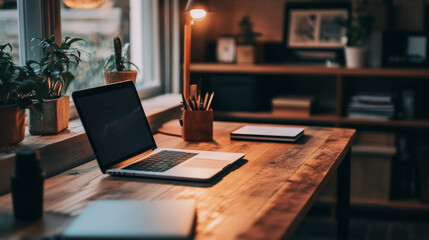 The minimalistic desk lamp provides warm light, illuminating a wooden desk with a laptop, stationery, and plants during the day, creating a cozy workspace atmosphere.