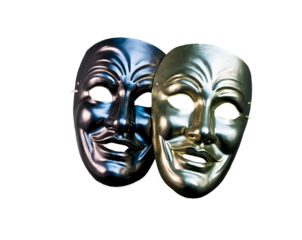 Intricate juxtaposition of comedy and tragedy masks, reflecting theatrical traditions and symbolism, capturing the essence of human emotions and dramatic expression