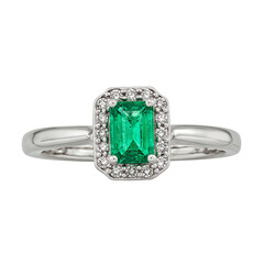 Exquisite silver ring with emerald center and diamond halo exuding elegance and sophistication