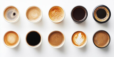 Coffee Varieties: A curated top-down perspective of diverse coffee creations, showcasing variations in color, texture, and the art of the coffee bean and foam. 