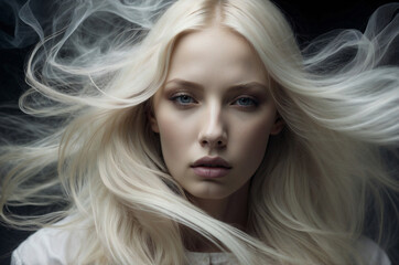 Fototapeta premium Portrait of Platinum Blonde Person in Misty Smoke with Dreamlike Atmosphere