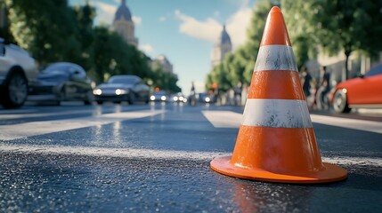A traffic cone on the road during a driving school practice session, with cars and people in the background, emphasizing safety and learning in a driving environment.