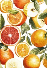 Watercolor painting depicting various citrus fruits and their green leaves