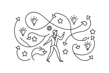 Man Navigating Complex Choices, Ideas, Paths, and Decisions