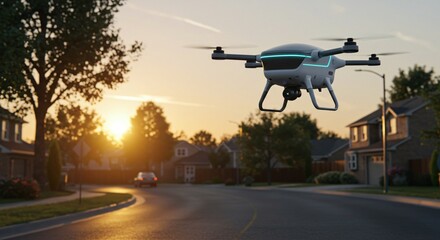 Modern drone in flight monitoring neighborhood at golden hour. Unmanned aerial vehicle security surveillance system for real estate. For technology and safety concept.