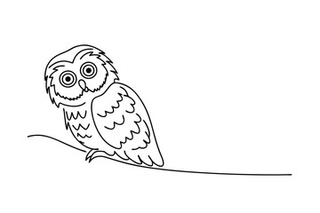 Single Line Drawing Cute Owl Perched on Branch, Wildlife Art