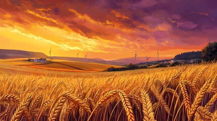 A painting depicting a wheat field under a vibrant sunset, with wind turbines and farmhouses. It showcases the beauty of the rural landscape and the harvest season.