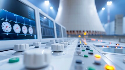 Detailed image of nuclear power plant machinery, control panels, and reactor monitoring systems, precision engineering, sharp textures, high-definition clarity