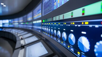 Detailed view of nuclear power plant control systems with operators monitoring digital screens, advanced energy production, precise engineering, sharp image quality