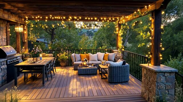 Inviting Outdoor Living Space: Relaxing Deck with Cozy Seating and String Lights