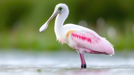 Obraz premium Pink bird wading in shallow water